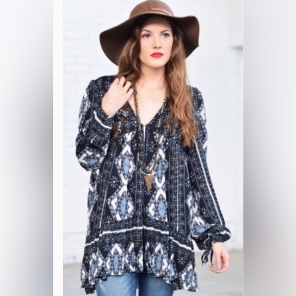 Free People Down By The Bay ~Size XS~ Long Sleeve Flowy Boho Tunic Peasant Dress - Picture 7 of 15